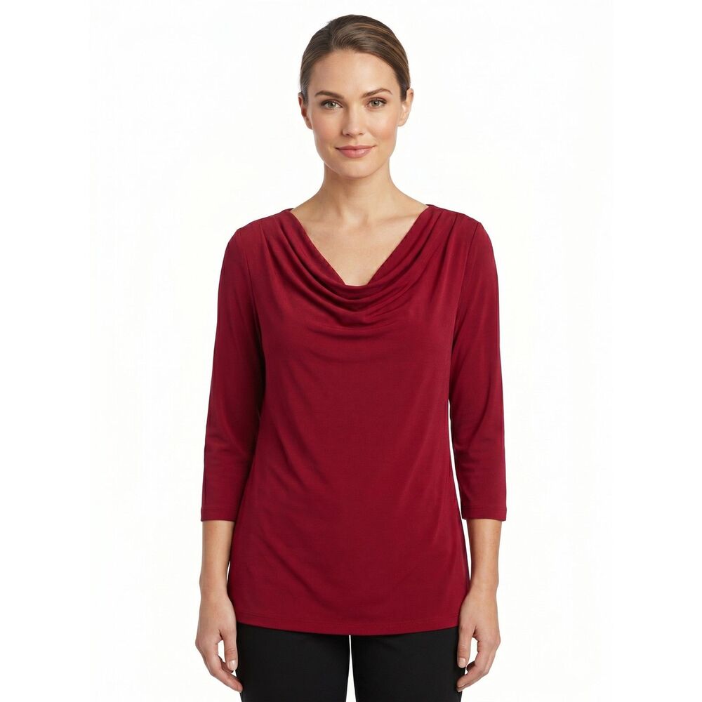 Susan Graver Modern Essentials Maroon Draped Neck Long Sleeve Blouse